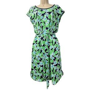 T by Talbots Blue Green Hawaiian Print Dress Tie Waist Navy Trimmed Caged Back